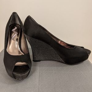 Glitter and Satin Black Platform Wedges